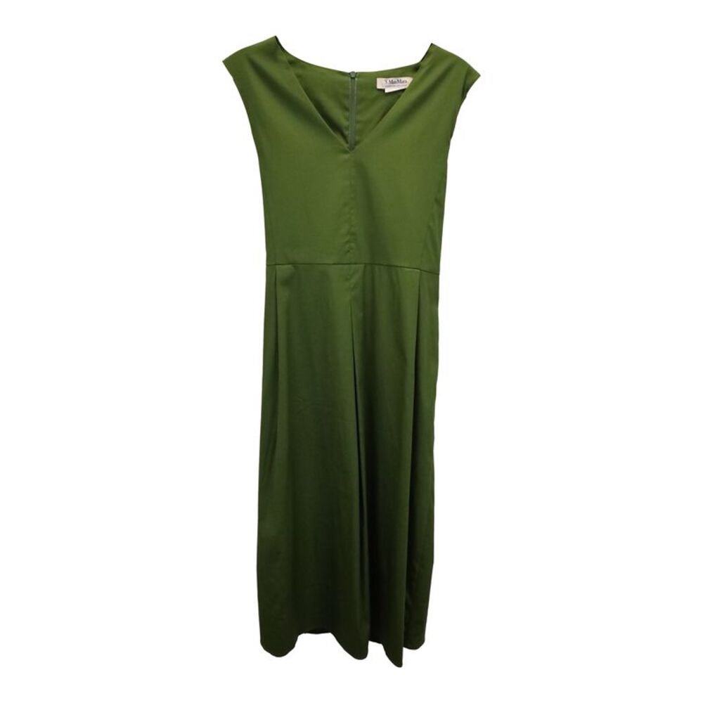 Max Mara V-neck Flared Midi Dress in Green Cotton
